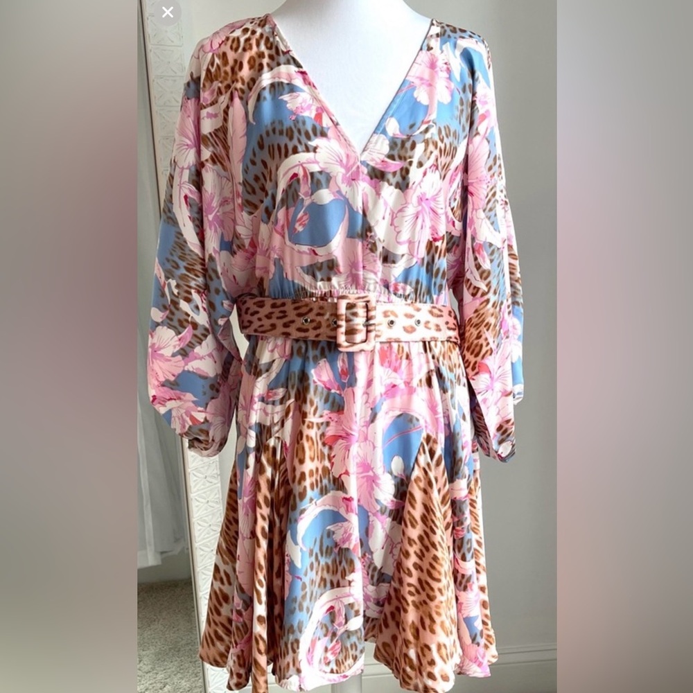 Venus Pink Floral & Leopard V-Neck Puff Sleeve Belted Swing Dress